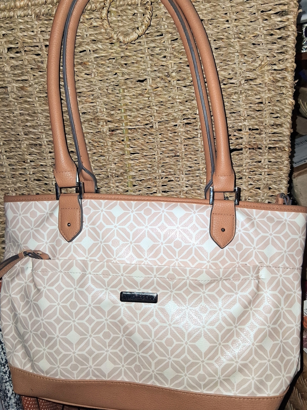 Beige Patterned Tote with Tan Trim